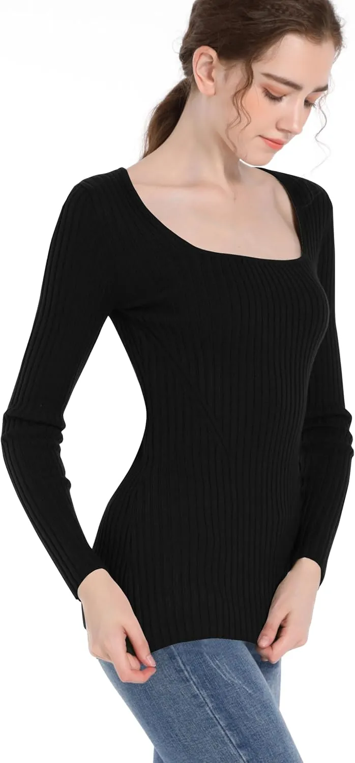 v28 Women Square Neck Knit Elasticity Stretchable Long Sleeve Slim Sweater Tops