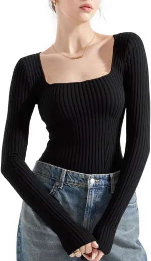 v28 Women Square Neck Knit Elasticity Stretchable Long Sleeve Slim Sweater Tops