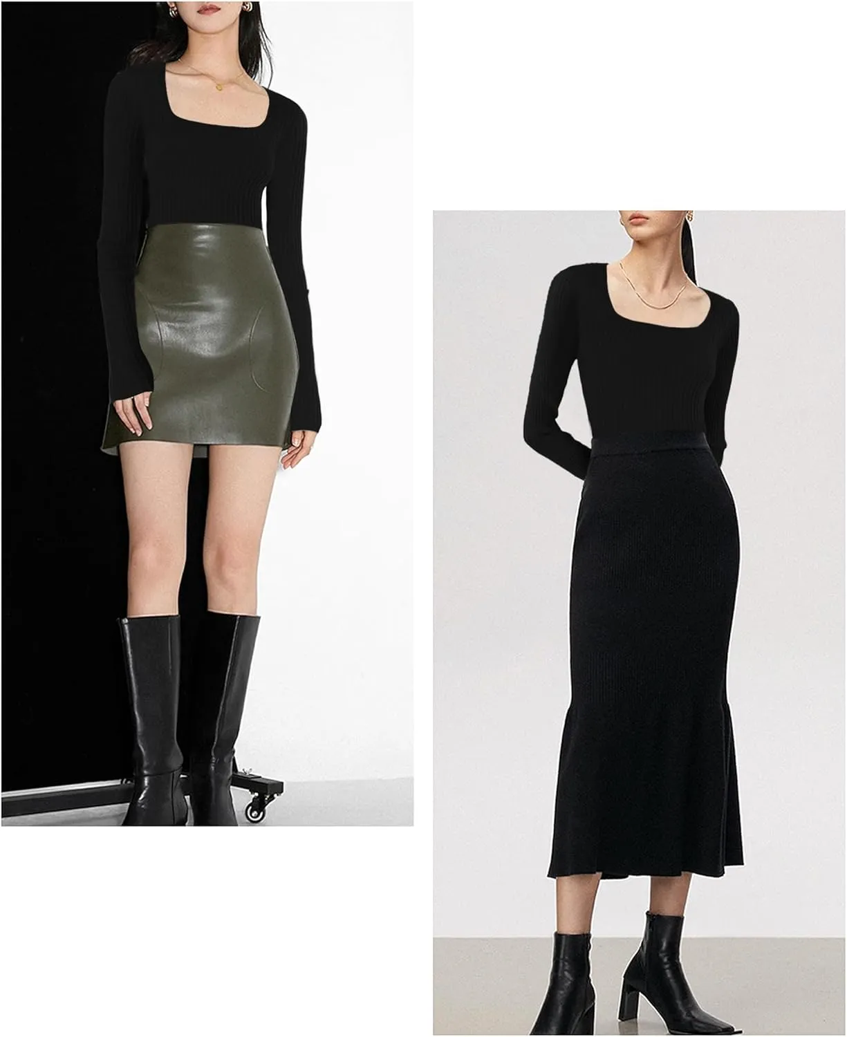 v28 Women Square Neck Knit Elasticity Stretchable Long Sleeve Slim Sweater Tops