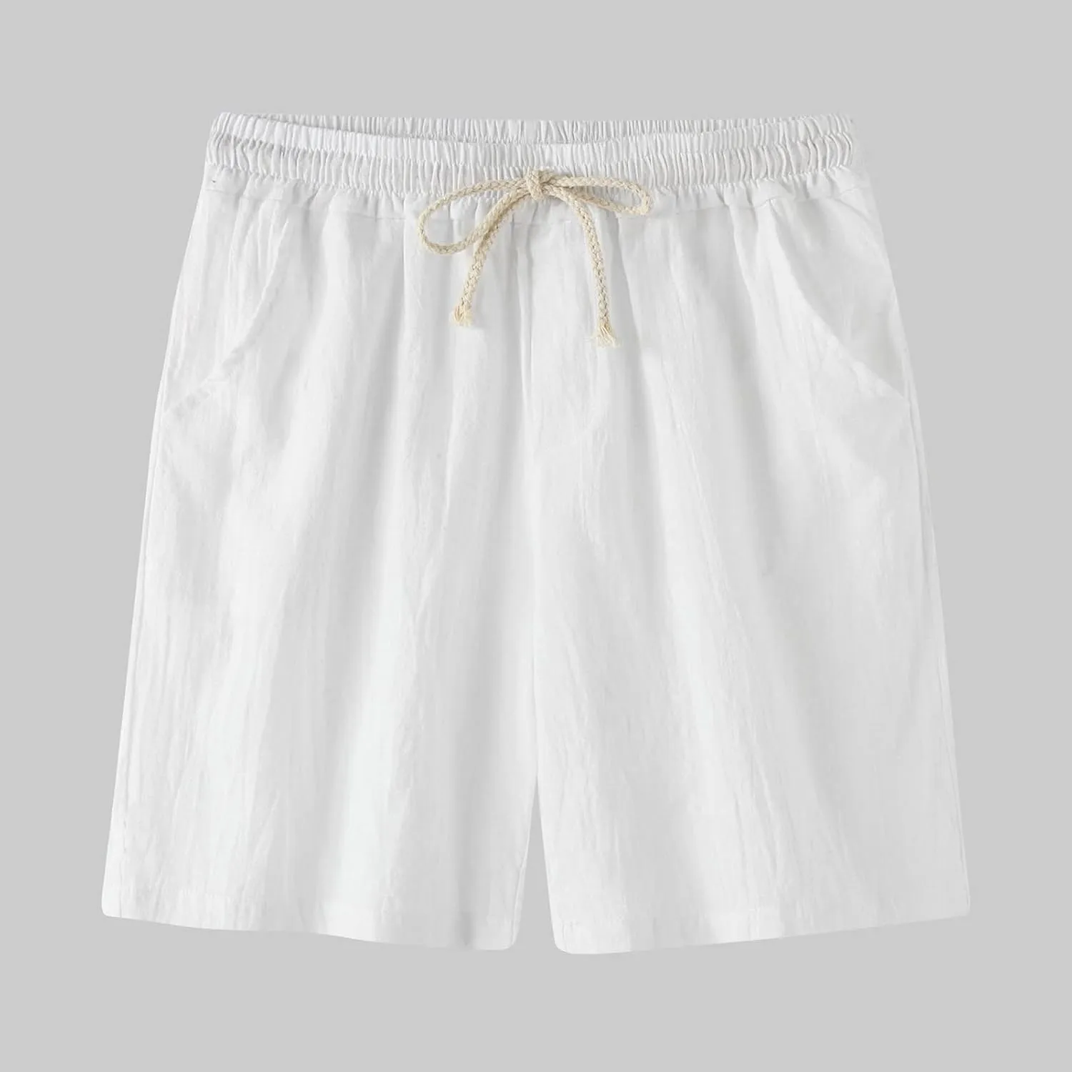 Vifucz Men Cotton Linen Mid-Waist Beach Short Pants Thin Comfort Short Pant with Pockets Lace Up Shorts Regular Summer