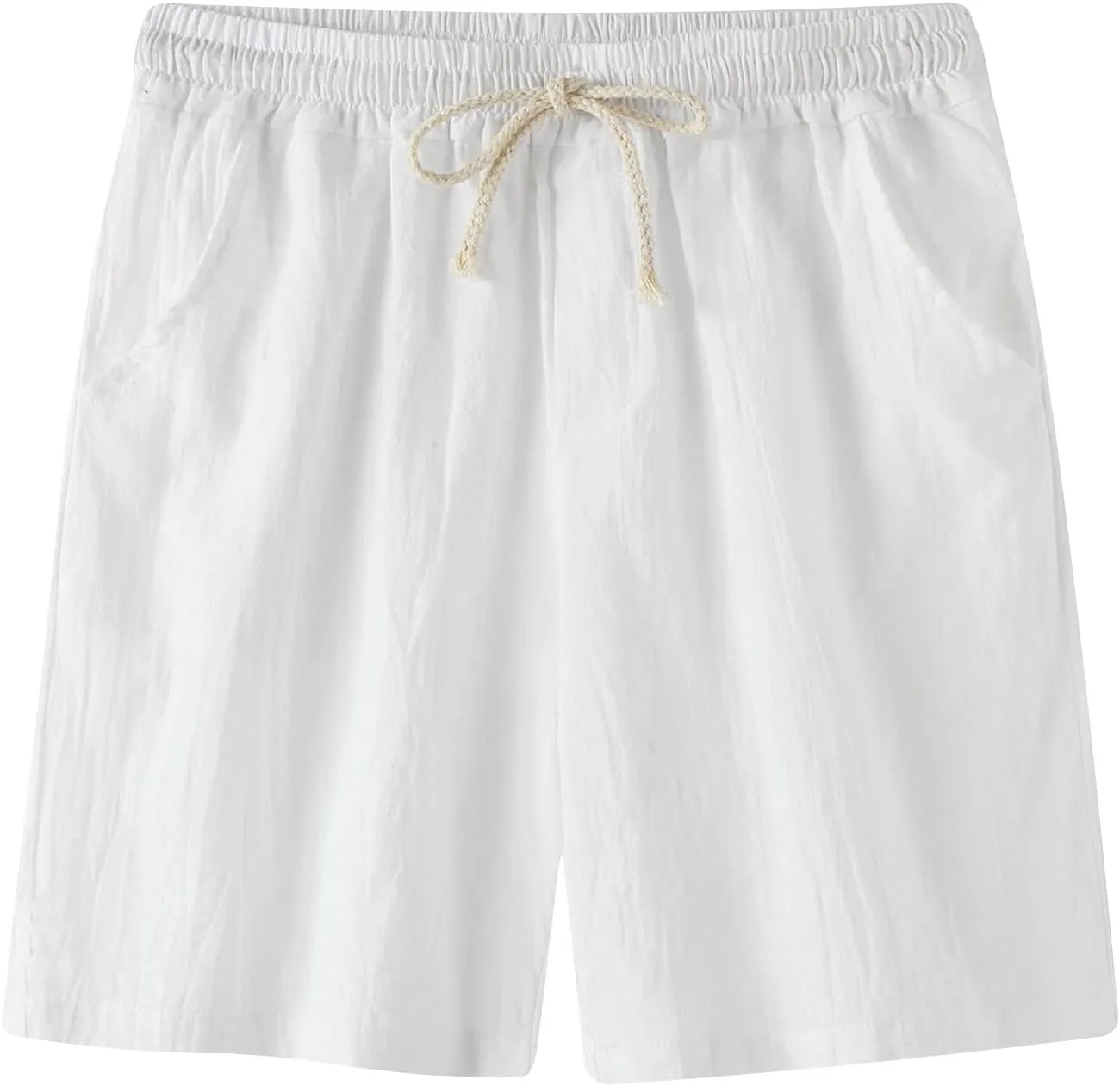 Vifucz Men Cotton Linen Mid-Waist Beach Short Pants Thin Comfort Short Pant with Pockets Lace Up Shorts Regular Summer