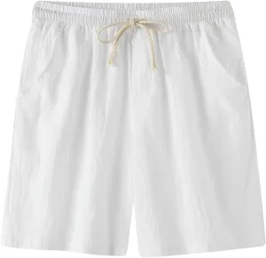 Vifucz Men Cotton Linen Mid-Waist Beach Short Pants Thin Comfort Short Pant with Pockets Lace Up Shorts Regular Summer