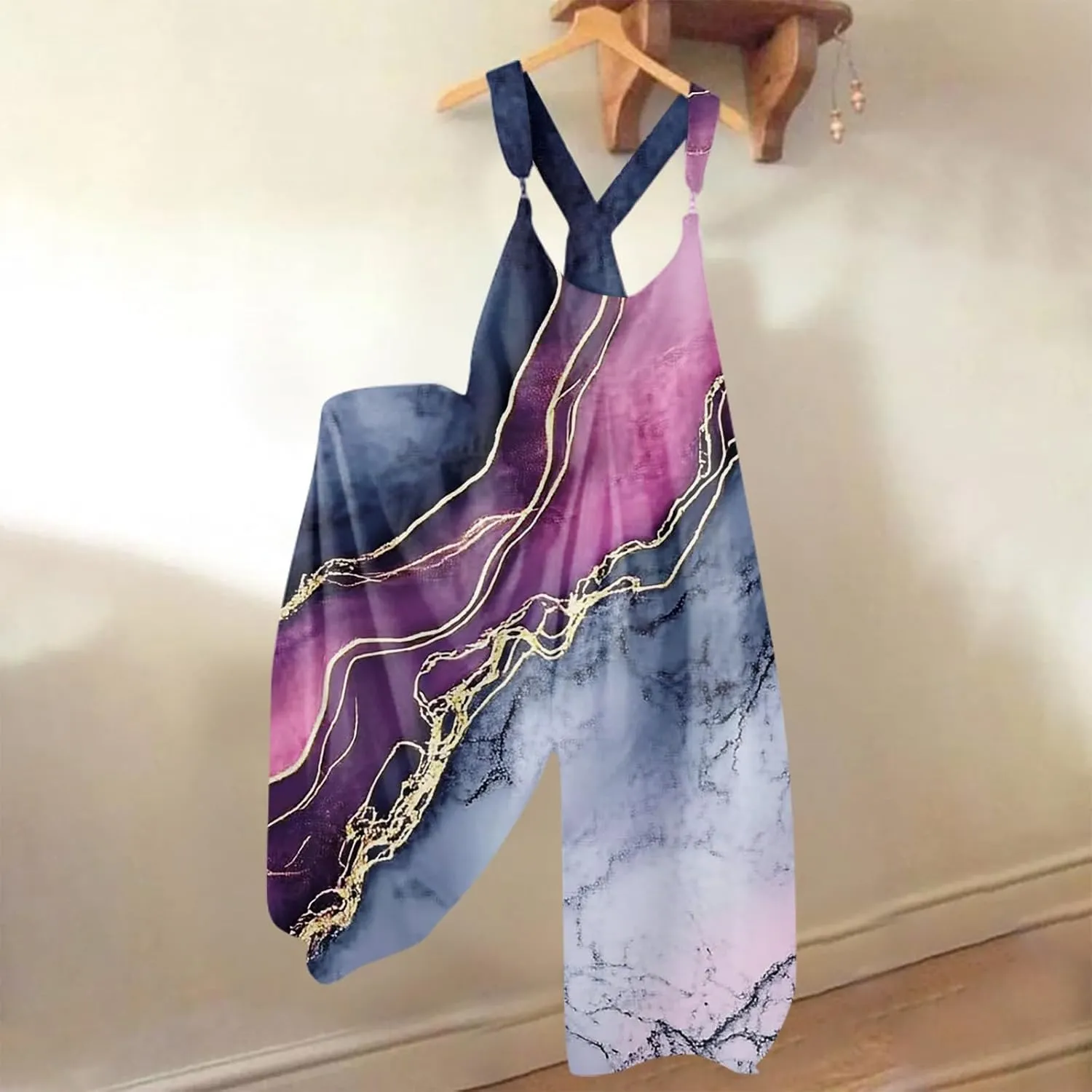 WANZZXCSL Bohemian Rompers Wide Leg Baggy Jumpsuits Spaghetti Strap Boho Floral Printed Plus Size Loose Overalls for Women
