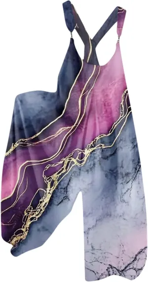 WANZZXCSL Bohemian Rompers Wide Leg Baggy Jumpsuits Spaghetti Strap Boho Floral Printed Plus Size Loose Overalls for Women