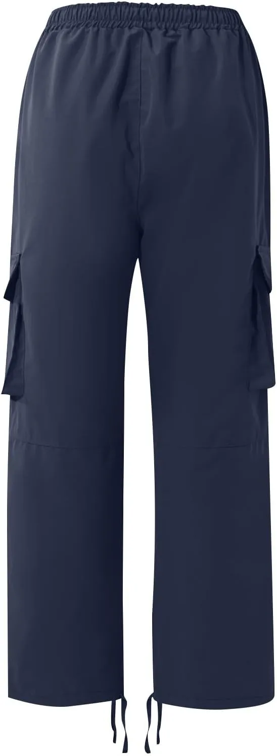 WENKOMG1 Mens Cotton Cargo Pants,Solid Elastic Waist Straight Leg Slacks Drawstring Trousers Slim Fit Bottoms for Men