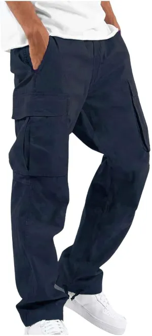 WENKOMG1 Mens Cotton Cargo Pants,Solid Elastic Waist Straight Leg Slacks Drawstring Trousers Slim Fit Bottoms for Men