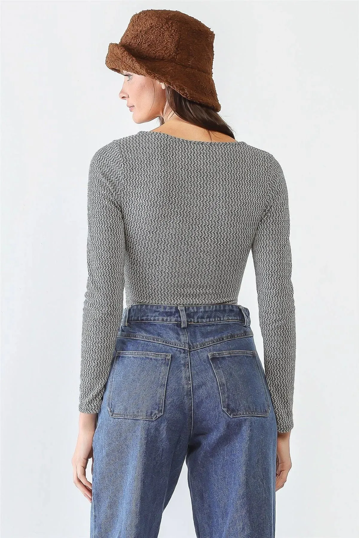 White & Heather Green Cut-Out Detail Long Sleeve Bodysuit /1-1-3-1
