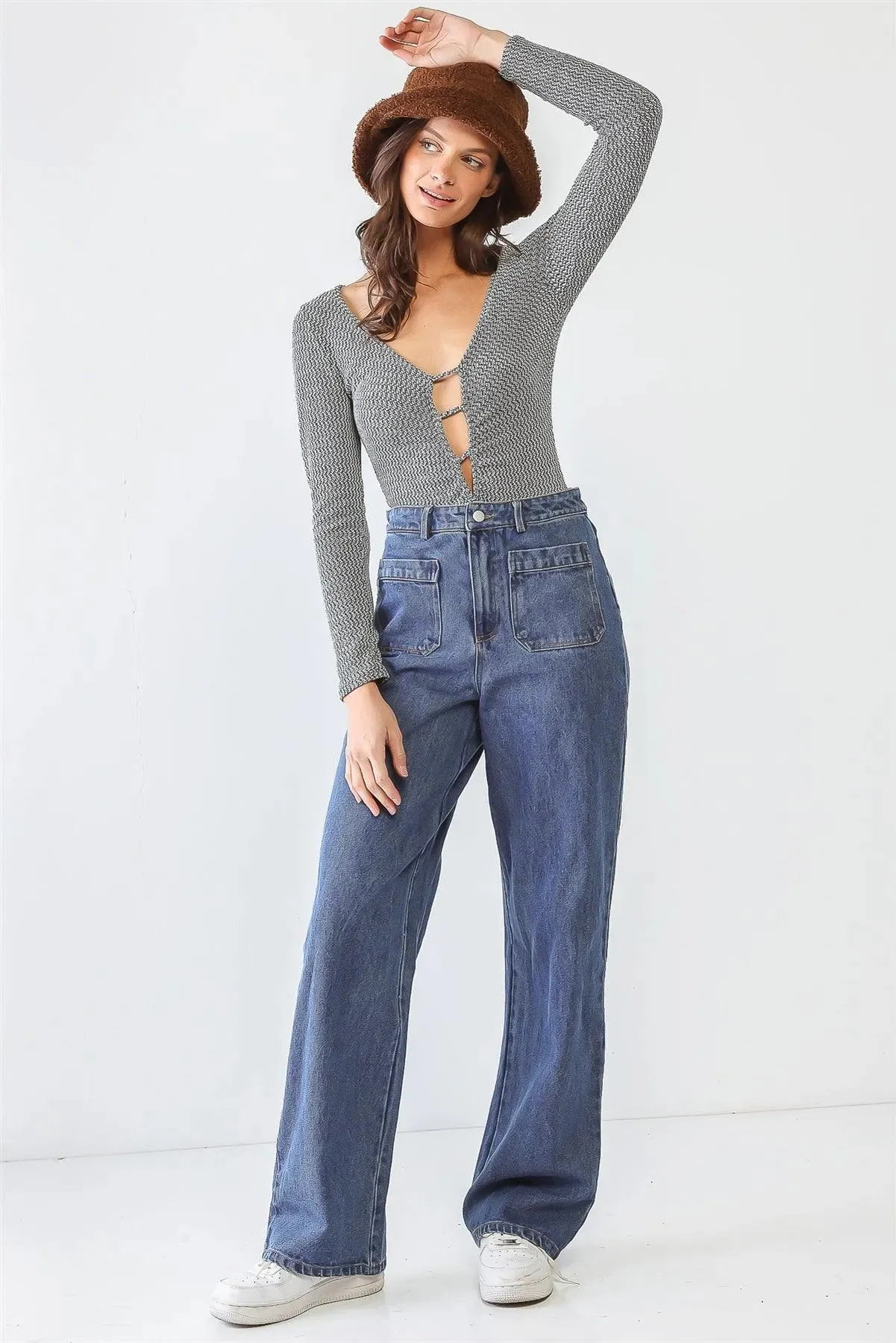 White & Heather Green Cut-Out Detail Long Sleeve Bodysuit /1-1-3-1