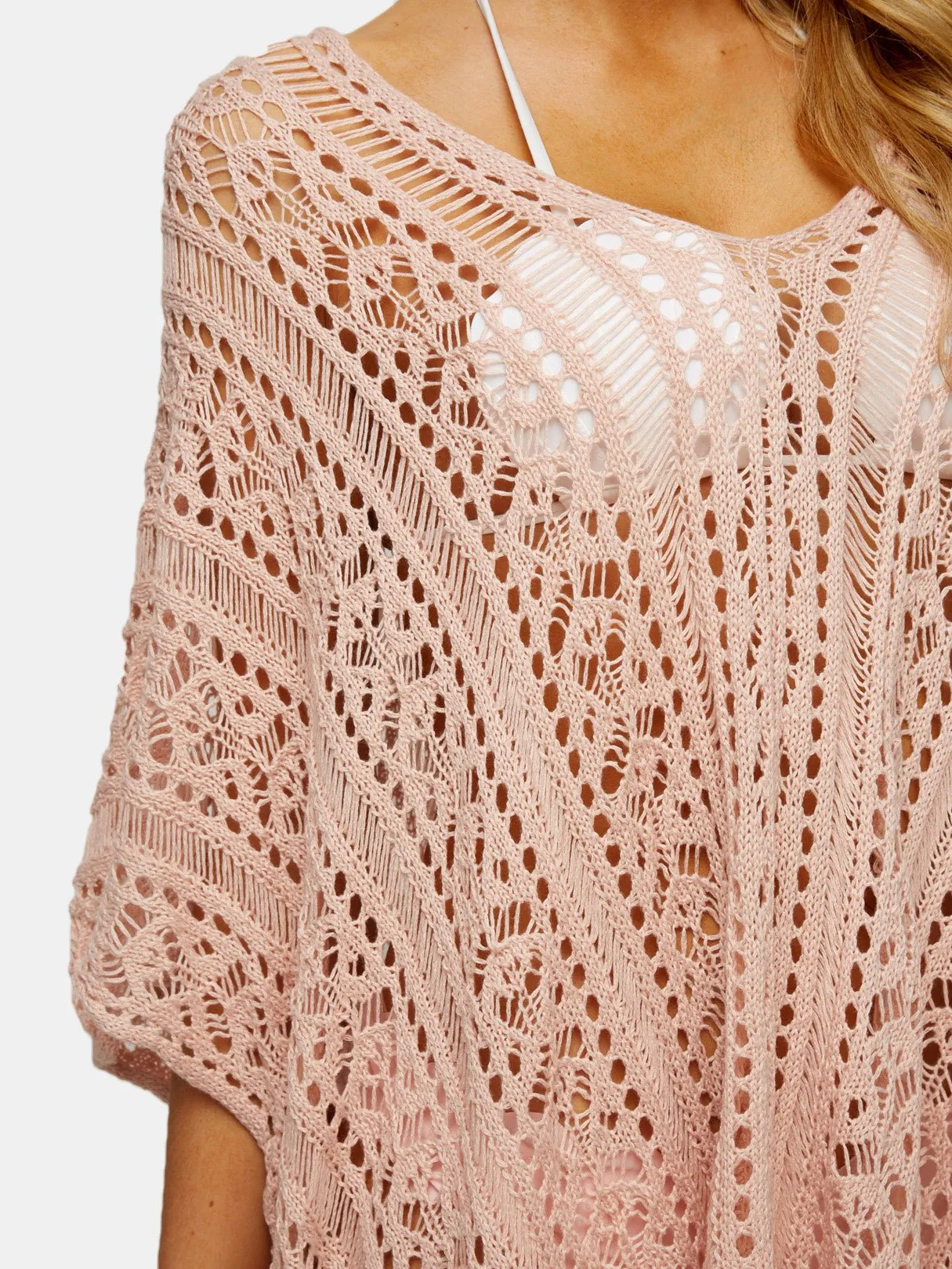 Wholesale Pink Deep V-Neck Tassel Hollow Lace-Up Slit Hem Beachwear