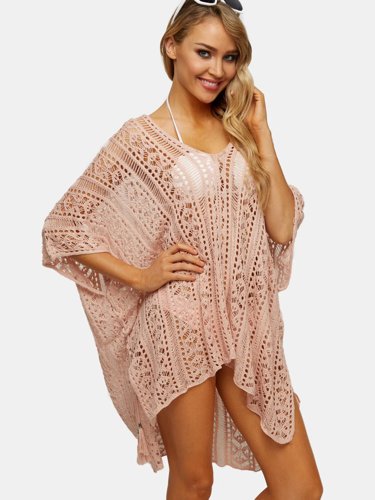 Wholesale Pink Deep V-Neck Tassel Hollow Lace-Up Slit Hem Beachwear