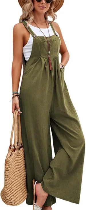 Wide Leg Jumpsuits for Women Summer Adjustable Strap Bib Linen Overalls with Pockets Casual Vacation Beach Outfits