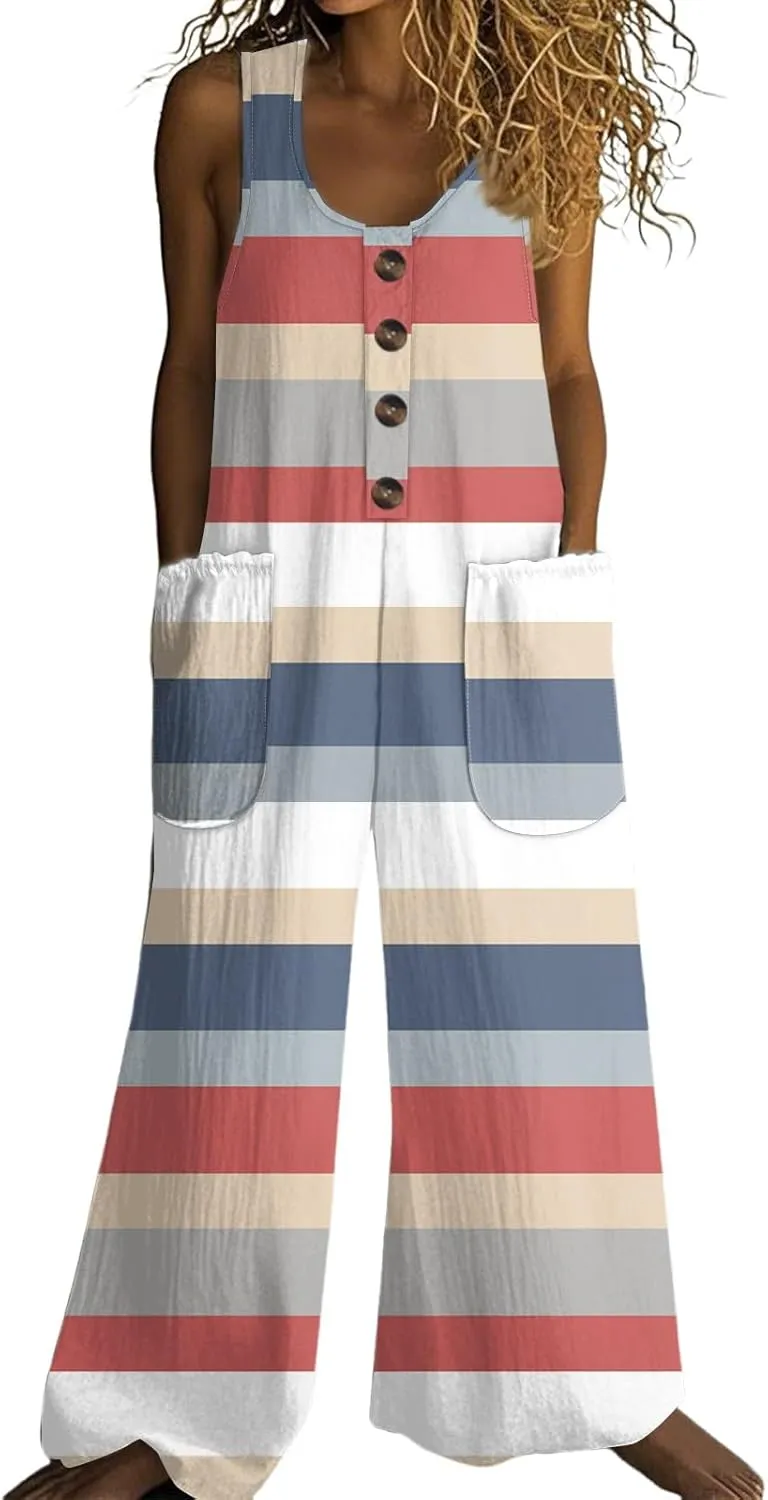 Wide Leg Jumpsuits for Women Summer Casual Button-Down Sleeveless Linen Jumpsuit Solid Color Overalls with Pockets