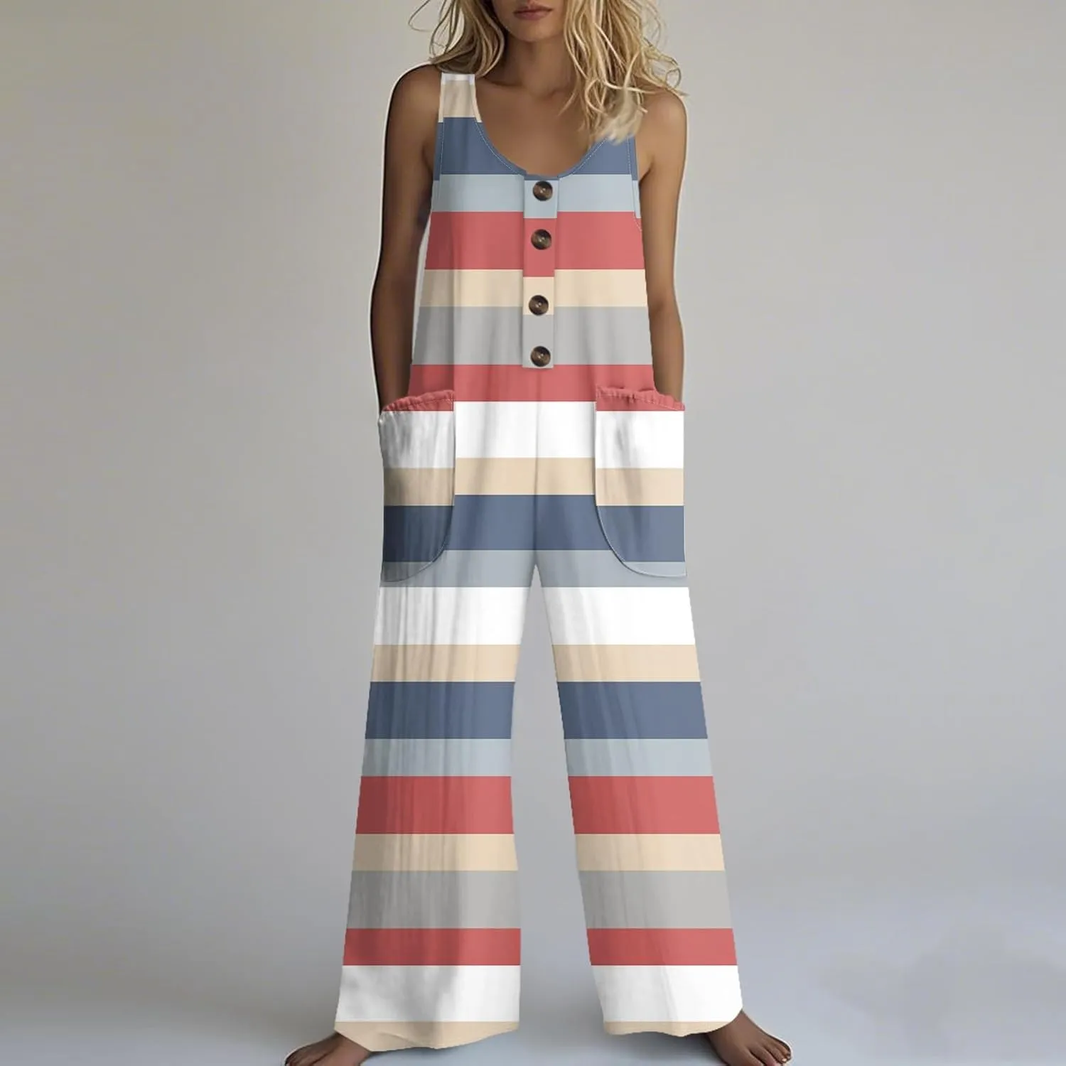 Wide Leg Jumpsuits for Women Summer Casual Button-Down Sleeveless Linen Jumpsuit Solid Color Overalls with Pockets