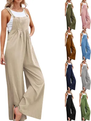 Wide Leg Jumpsuits for Women Summer Casual Cotton Linen Adjustable Strap Sleeveless Baggy Beach Rompers with Pockets