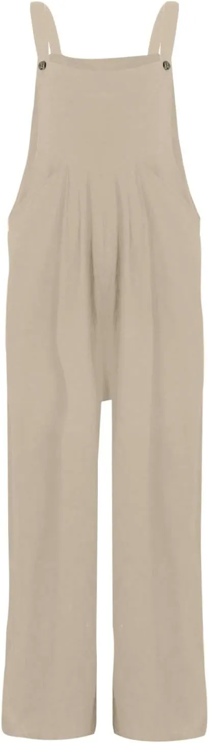 Wide Leg Jumpsuits for Women Summer Casual Cotton Linen Adjustable Strap Sleeveless Baggy Beach Rompers with Pockets