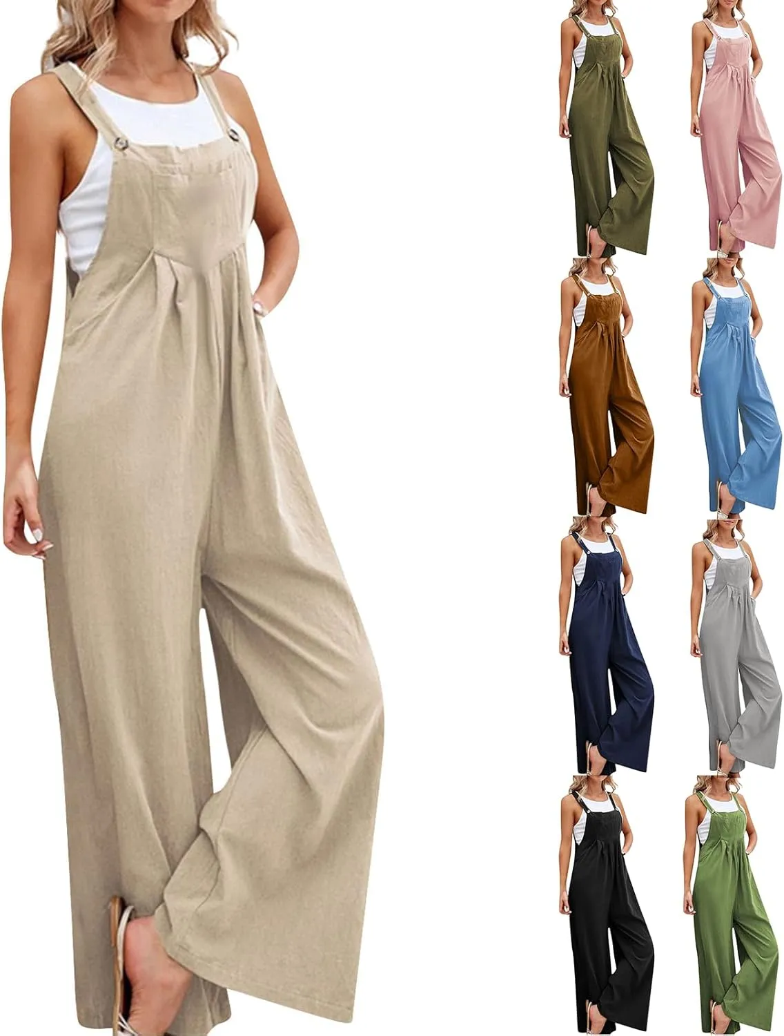 Wide Leg Jumpsuits for Women Summer Casual Cotton Linen Adjustable Strap Sleeveless Baggy Beach Rompers with Pockets