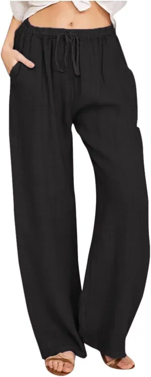 Wide Leg Linen Pants for Women Casual Elastic Waist Palazzo Pants with Pockets Flowy Boho Beach Lounge Trousers Pant