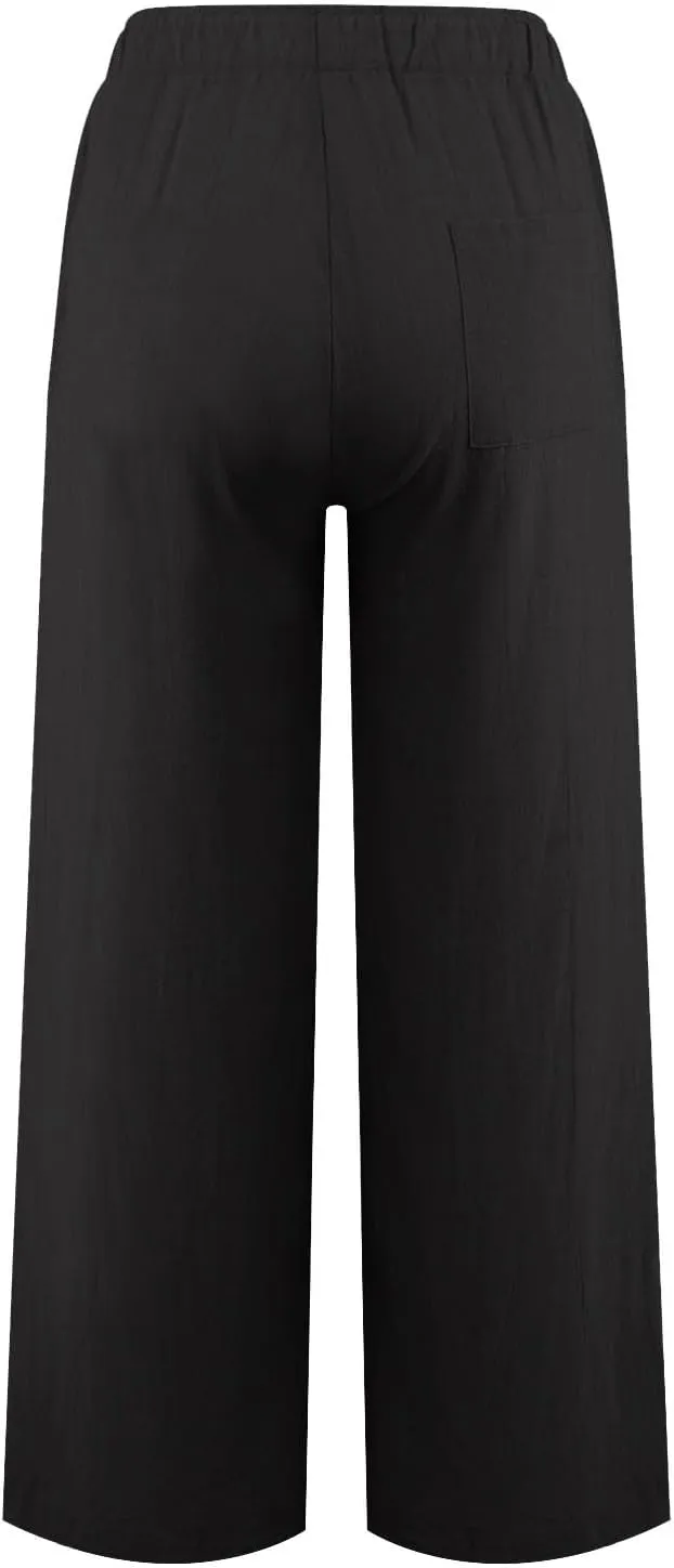 Wide Leg Linen Pants for Women Casual Elastic Waist Palazzo Pants with Pockets Flowy Boho Beach Lounge Trousers Pant
