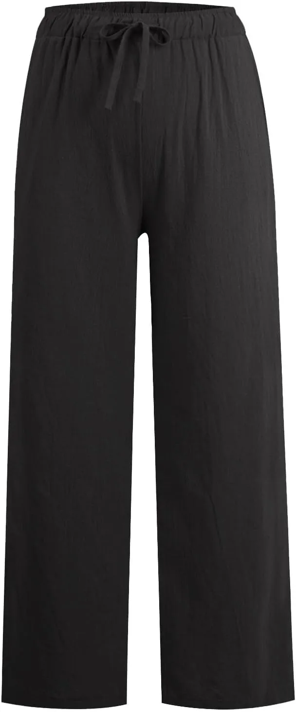 Wide Leg Linen Pants for Women Casual Elastic Waist Palazzo Pants with Pockets Flowy Boho Beach Lounge Trousers Pant