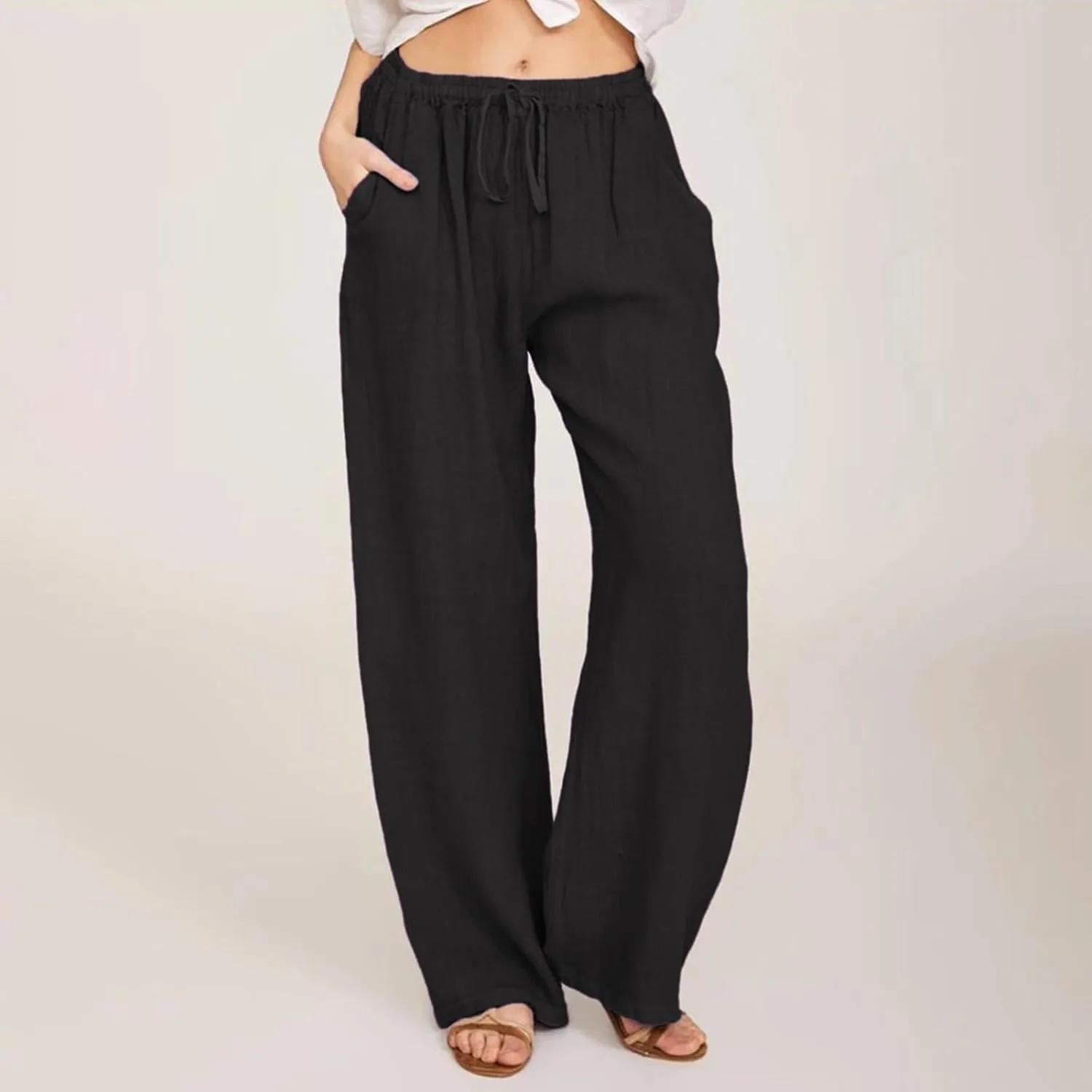 Wide Leg Linen Pants for Women Casual Elastic Waist Palazzo Pants with Pockets Flowy Boho Beach Lounge Trousers Pant