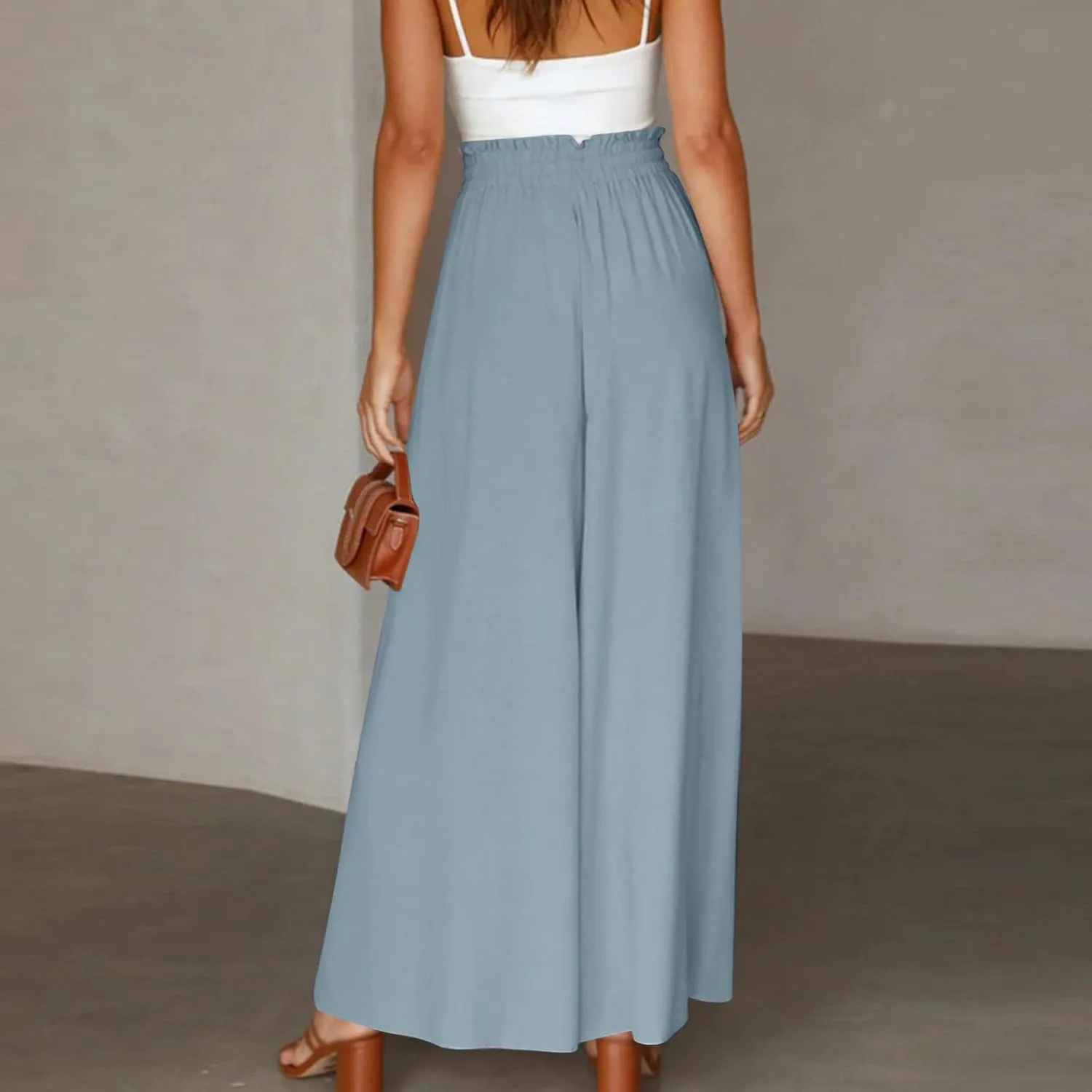 Wide Leg Pants Woman Drawstring Elastic Waist Flowy Palazzo Pants with Pockets Beach Vacation Skirt Pants Culottes