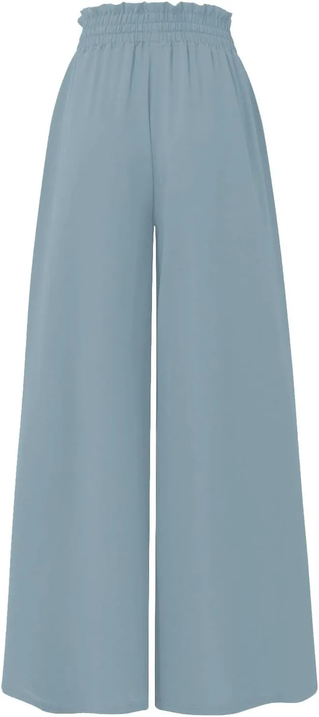 Wide Leg Pants Woman Drawstring Elastic Waist Flowy Palazzo Pants with Pockets Beach Vacation Skirt Pants Culottes