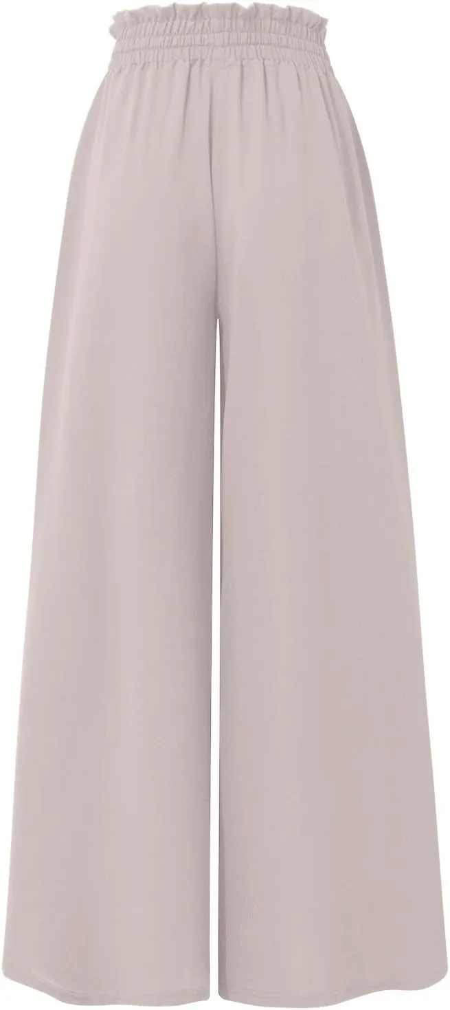 Wide Leg Pants Woman Drawstring Elastic Waist Flowy Palazzo Pants with Pockets Beach Vacation Skirt Pants Culottes