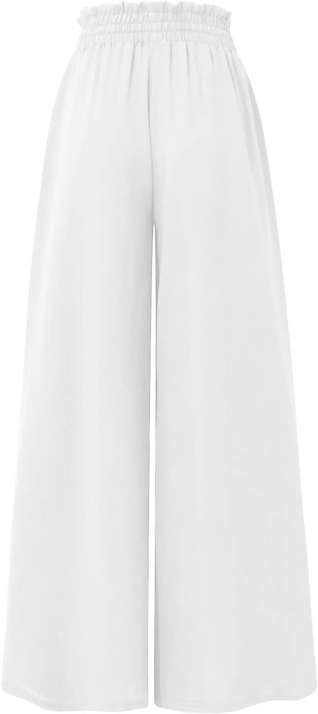 Wide Leg Pants Woman Drawstring Elastic Waist Flowy Palazzo Pants with Pockets Beach Vacation Skirt Pants Culottes