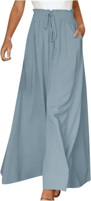 Wide Leg Pants Woman Drawstring Elastic Waist Flowy Palazzo Pants with Pockets Beach Vacation Skirt Pants Culottes