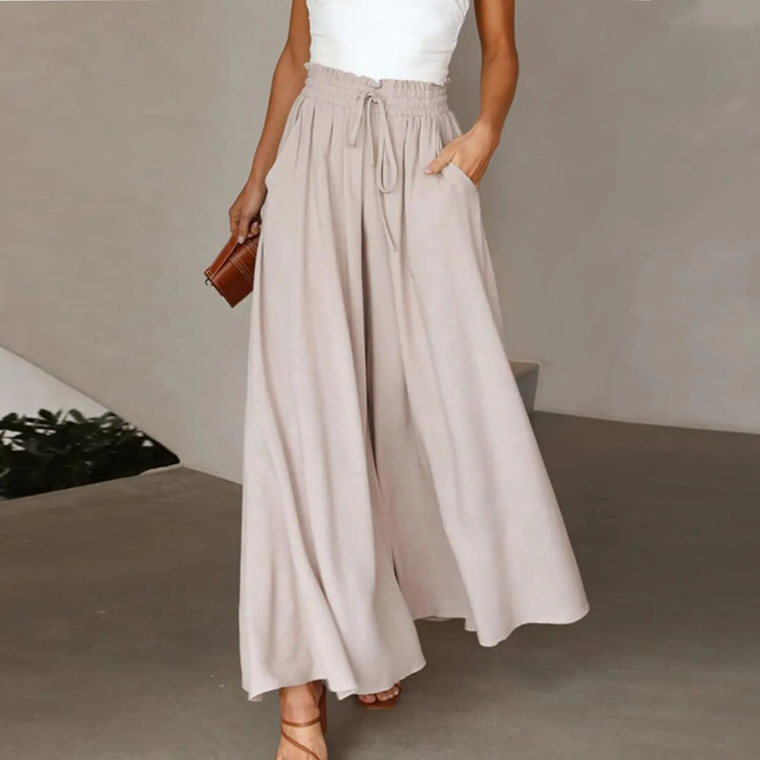 Wide Leg Pants Woman Drawstring Elastic Waist Flowy Palazzo Pants with Pockets Beach Vacation Skirt Pants Culottes