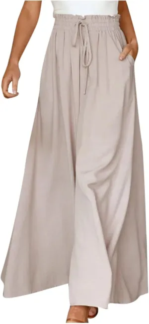 Wide Leg Pants Woman Drawstring Elastic Waist Flowy Palazzo Pants with Pockets Beach Vacation Skirt Pants Culottes