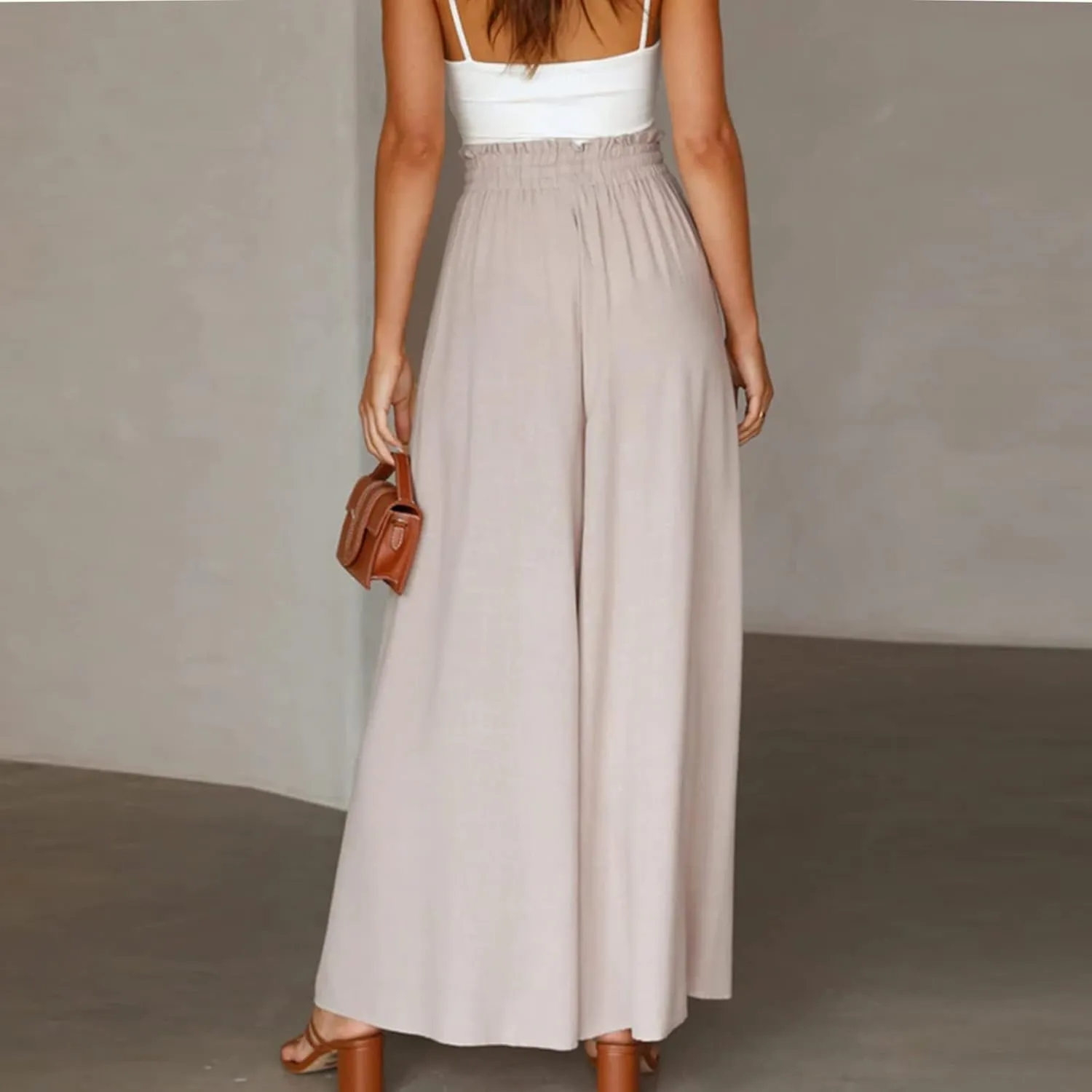 Wide Leg Pants Woman Drawstring Elastic Waist Flowy Palazzo Pants with Pockets Beach Vacation Skirt Pants Culottes