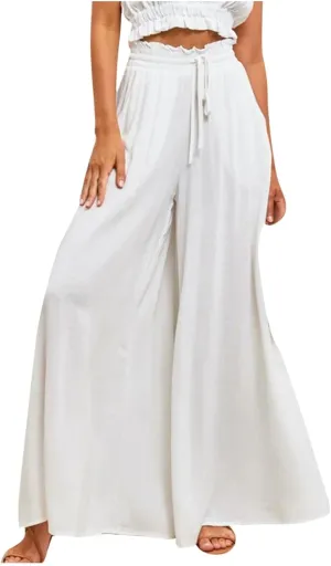 Wide Leg Pants Woman Drawstring Elastic Waist Flowy Palazzo Pants with Pockets Beach Vacation Skirt Pants Culottes