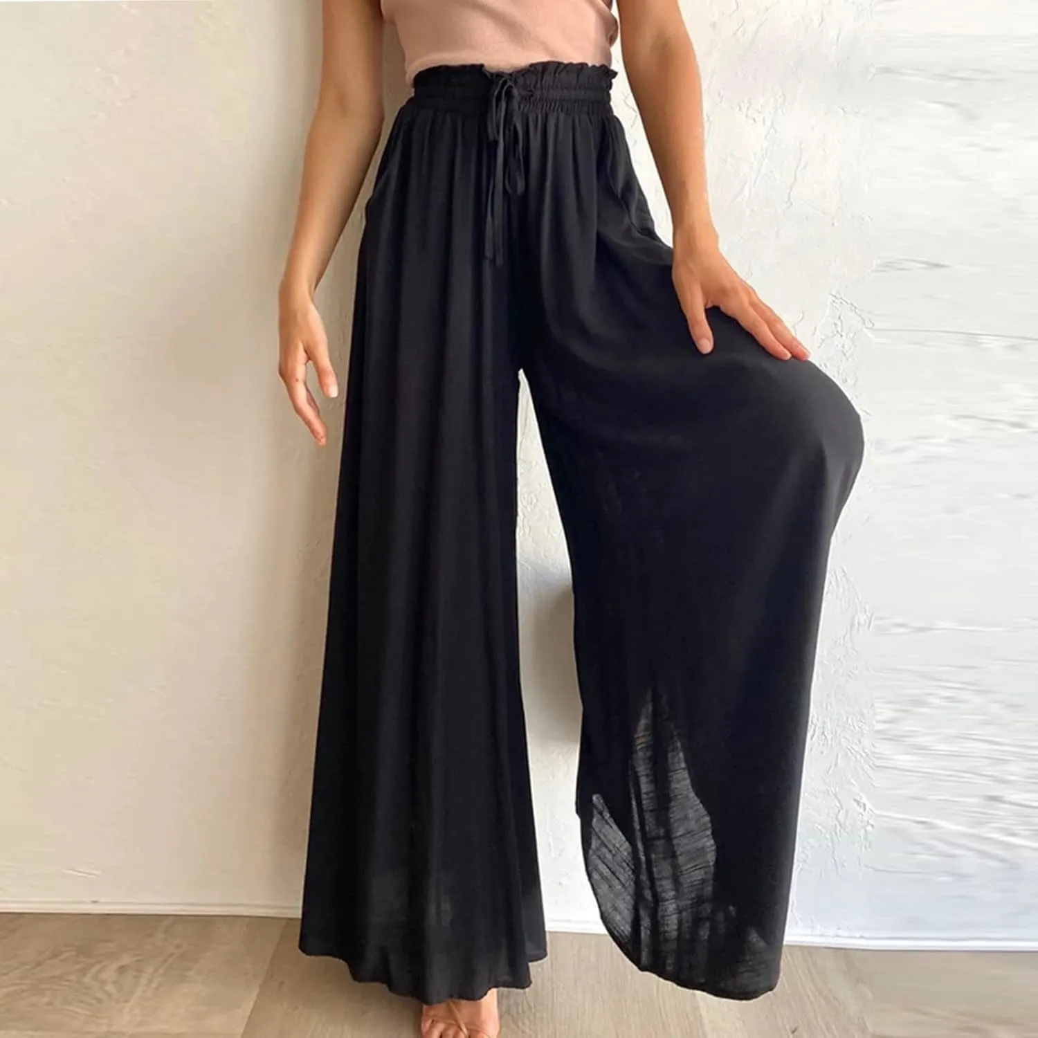 Wide Leg Pants Woman Drawstring Elastic Waist Flowy Palazzo Pants with Pockets Beach Vacation Skirt Pants Culottes