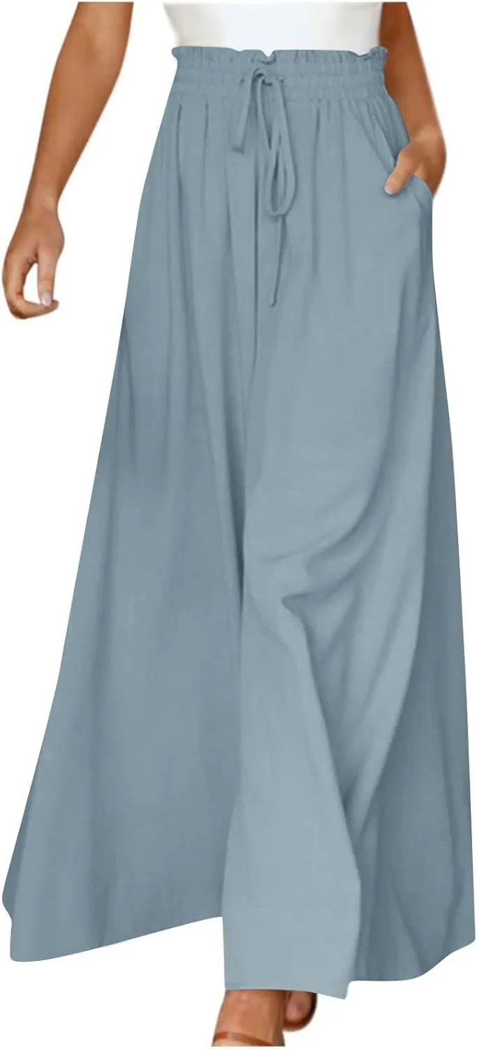 Wide Leg Pants Woman Drawstring Elastic Waist Flowy Palazzo Pants with Pockets Beach Vacation Skirt Pants Culottes
