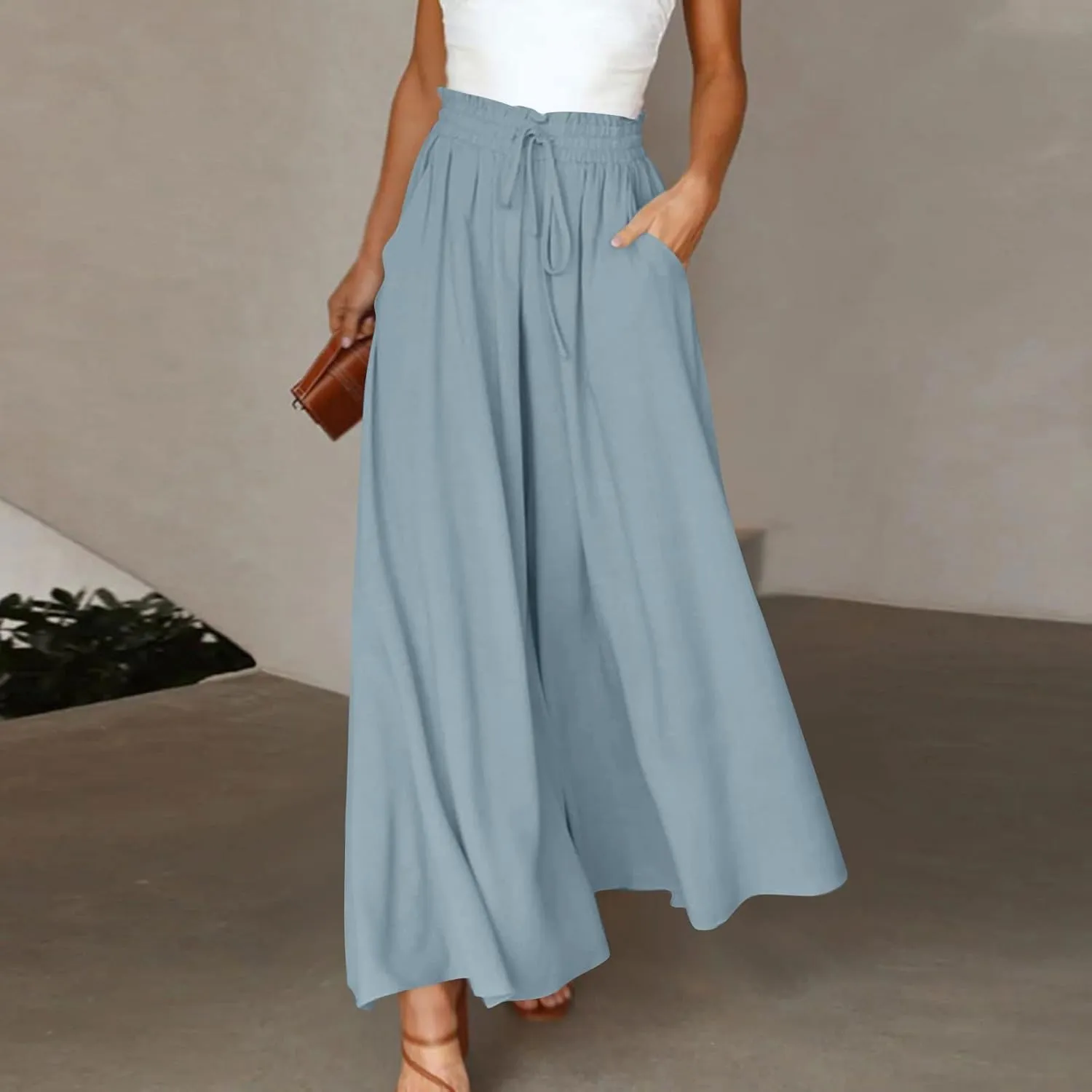Wide Leg Pants Woman Drawstring Elastic Waist Flowy Palazzo Pants with Pockets Beach Vacation Skirt Pants Culottes