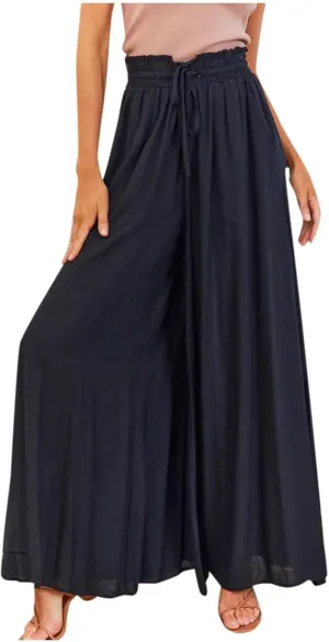 Wide Leg Pants Woman Drawstring Elastic Waist Flowy Palazzo Pants with Pockets Beach Vacation Skirt Pants Culottes