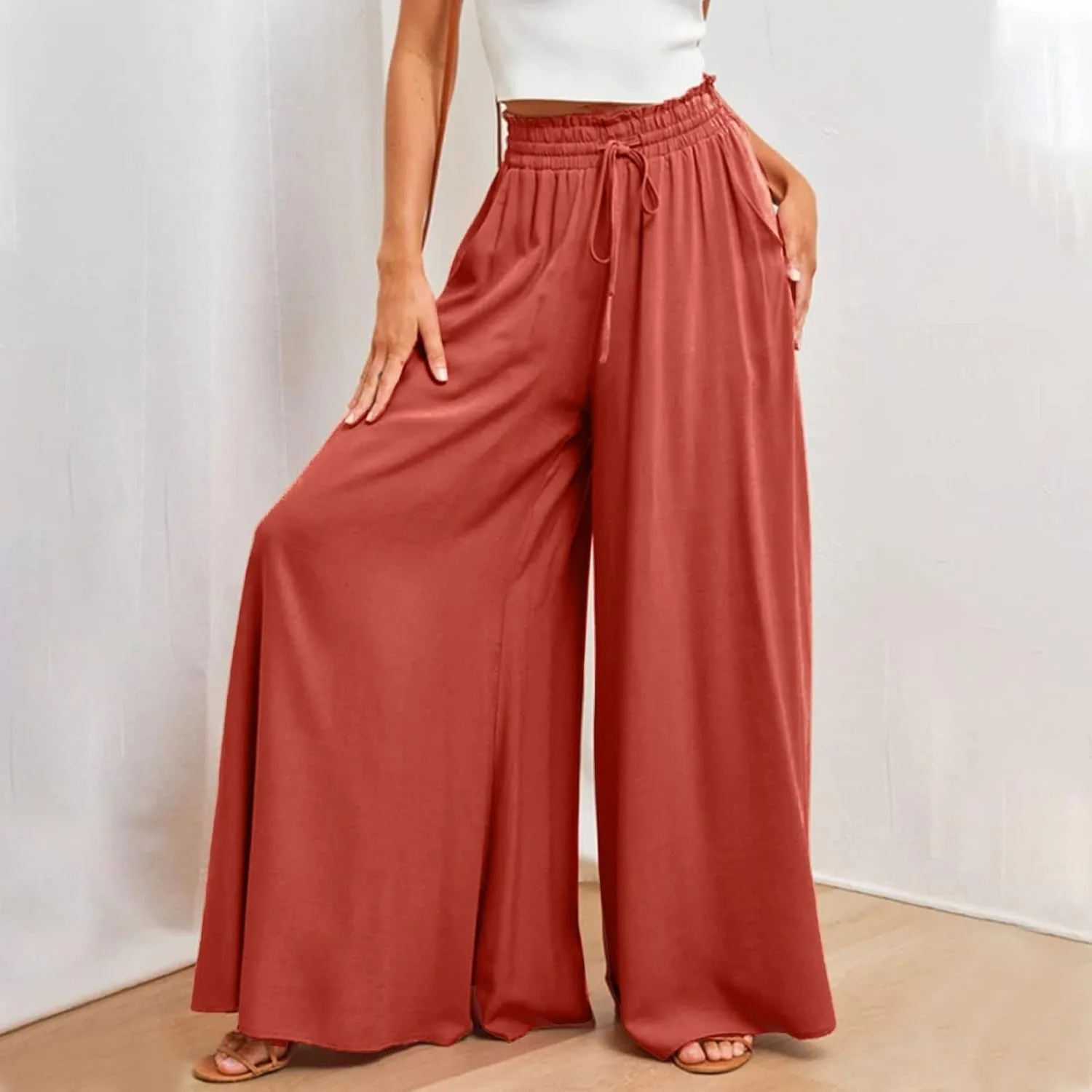 Wide Leg Pants Woman Drawstring Elastic Waist Flowy Palazzo Pants with Pockets Beach Vacation Skirt Pants Culottes