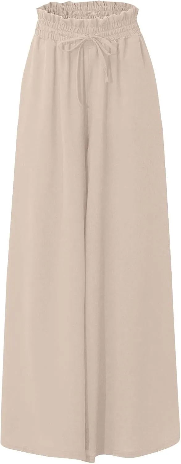 Wide Leg Pants Woman Drawstring Elastic Waist Flowy Palazzo Pants with Pockets Beach Vacation Skirt Pants Culottes