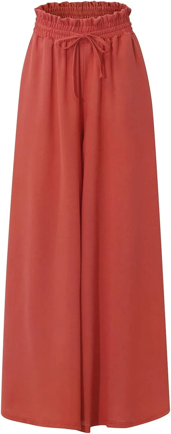 Wide Leg Pants Woman Drawstring Elastic Waist Flowy Palazzo Pants with Pockets Beach Vacation Skirt Pants Culottes