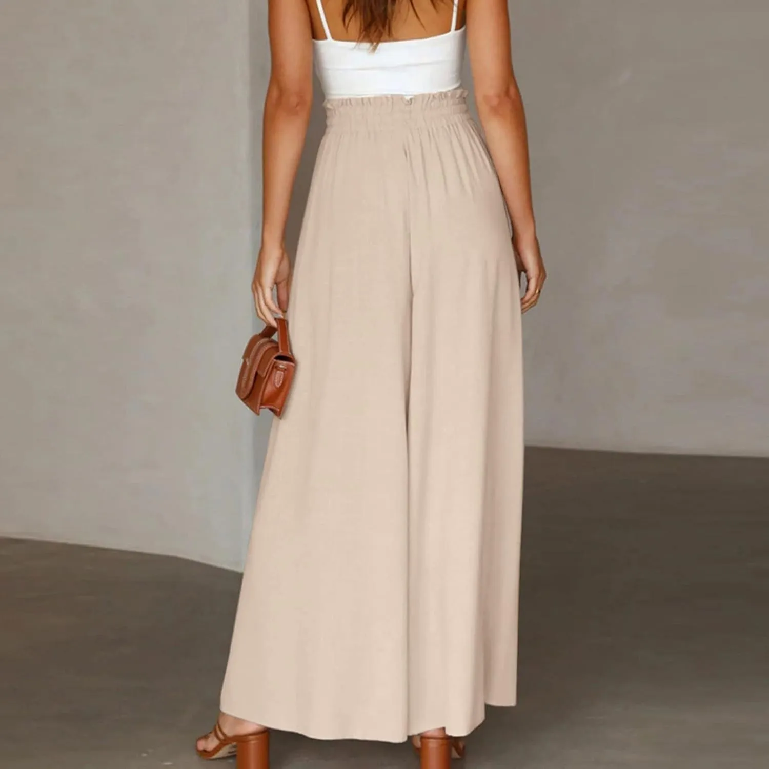 Wide Leg Pants Woman Drawstring Elastic Waist Flowy Palazzo Pants with Pockets Beach Vacation Skirt Pants Culottes