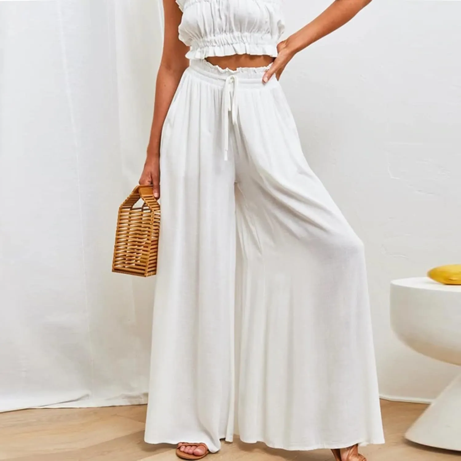 Wide Leg Pants Woman Drawstring Elastic Waist Flowy Palazzo Pants with Pockets Beach Vacation Skirt Pants Culottes