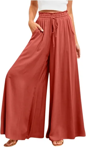 Wide Leg Pants Woman Drawstring Elastic Waist Flowy Palazzo Pants with Pockets Beach Vacation Skirt Pants Culottes