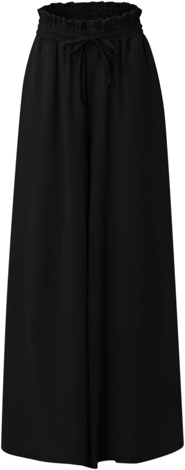 Wide Leg Pants Woman Drawstring Elastic Waist Flowy Palazzo Pants with Pockets Beach Vacation Skirt Pants Culottes