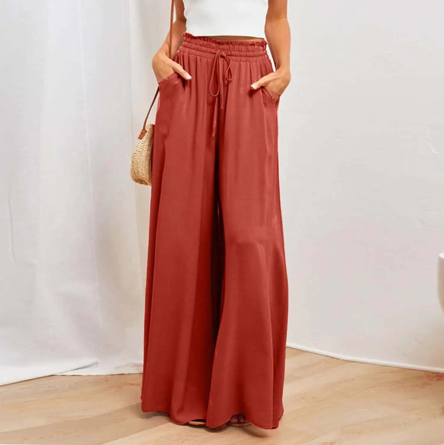Wide Leg Pants Woman Drawstring Elastic Waist Flowy Palazzo Pants with Pockets Beach Vacation Skirt Pants Culottes