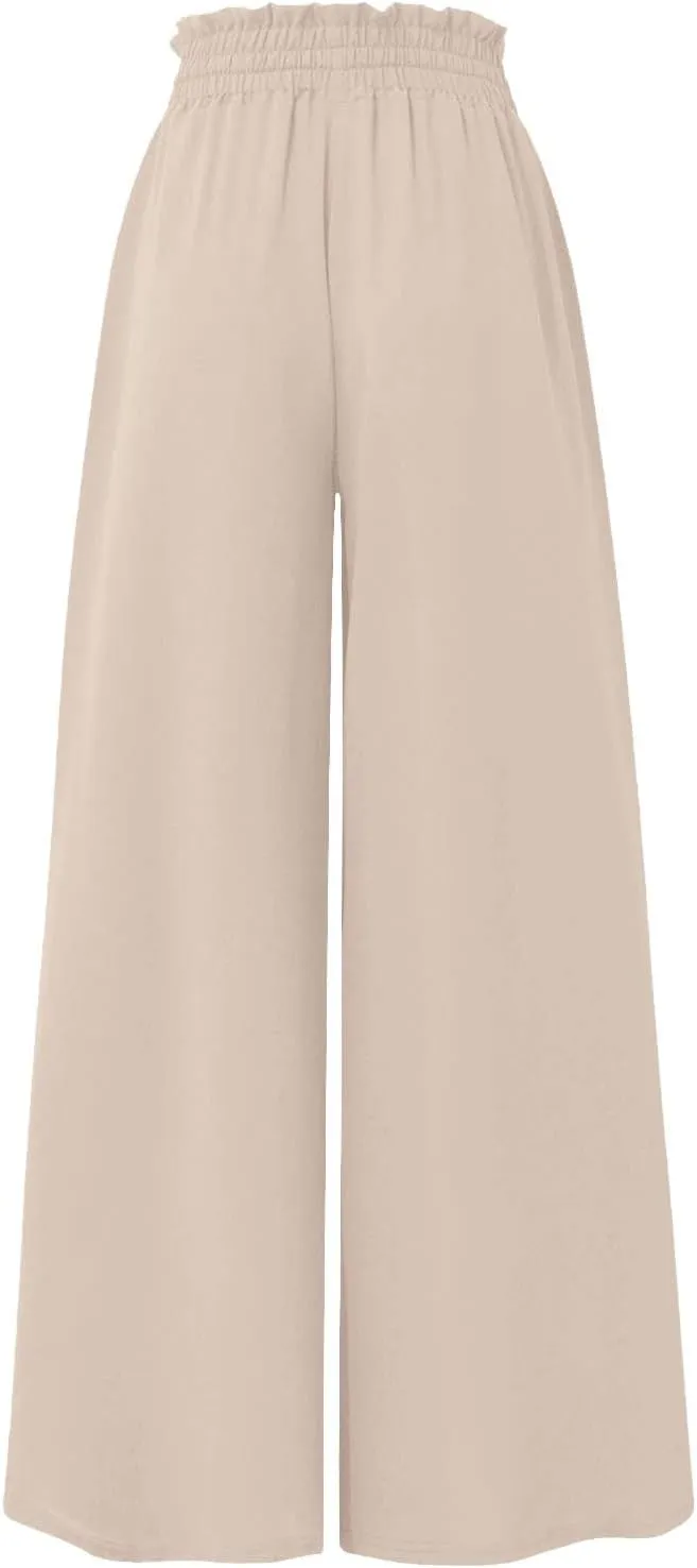 Wide Leg Pants Woman Drawstring Elastic Waist Flowy Palazzo Pants with Pockets Beach Vacation Skirt Pants Culottes