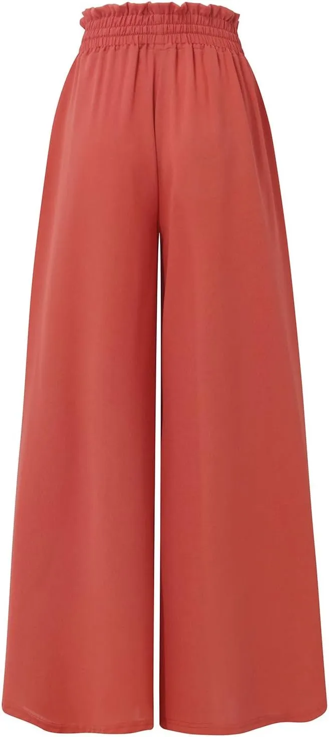 Wide Leg Pants Woman Drawstring Elastic Waist Flowy Palazzo Pants with Pockets Beach Vacation Skirt Pants Culottes