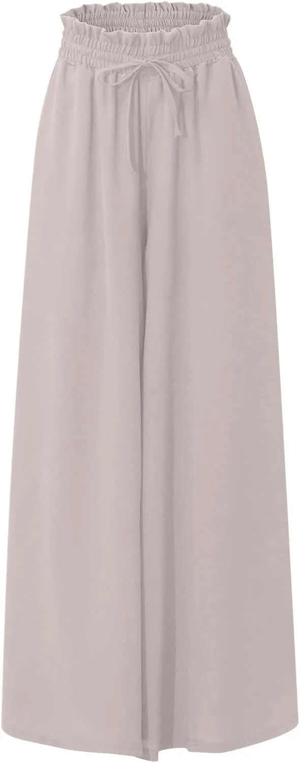 Wide Leg Pants Woman Drawstring Elastic Waist Flowy Palazzo Pants with Pockets Beach Vacation Skirt Pants Culottes