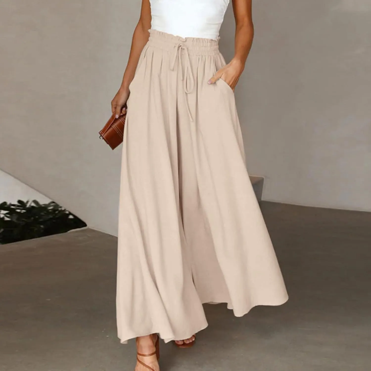 Wide Leg Pants Woman Drawstring Elastic Waist Flowy Palazzo Pants with Pockets Beach Vacation Skirt Pants Culottes