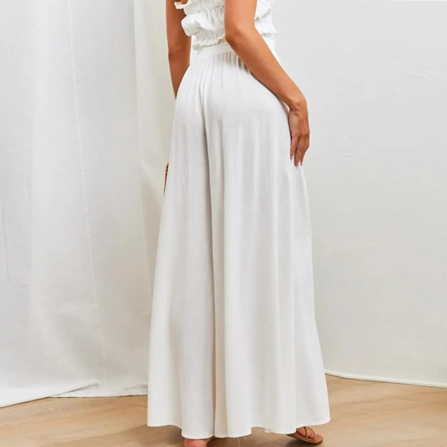 Wide Leg Pants Woman Drawstring Elastic Waist Flowy Palazzo Pants with Pockets Beach Vacation Skirt Pants Culottes